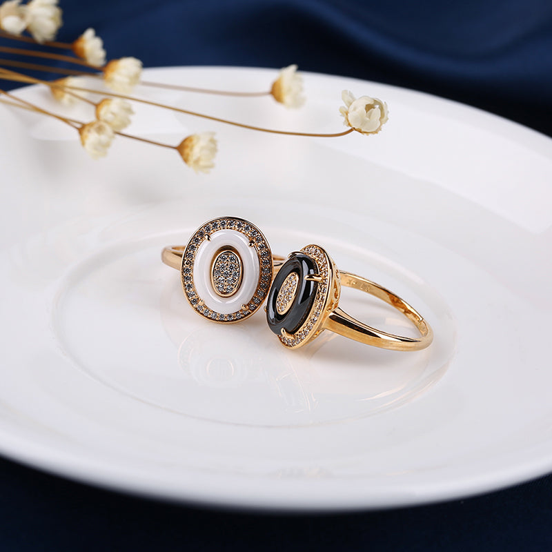 Fashion Black Ceramic Gold Wedding Rings For Women Jewelry Elegant Style 3Mm Rhinestone Egg Shape Ring Crystal Bagues Pour Femme