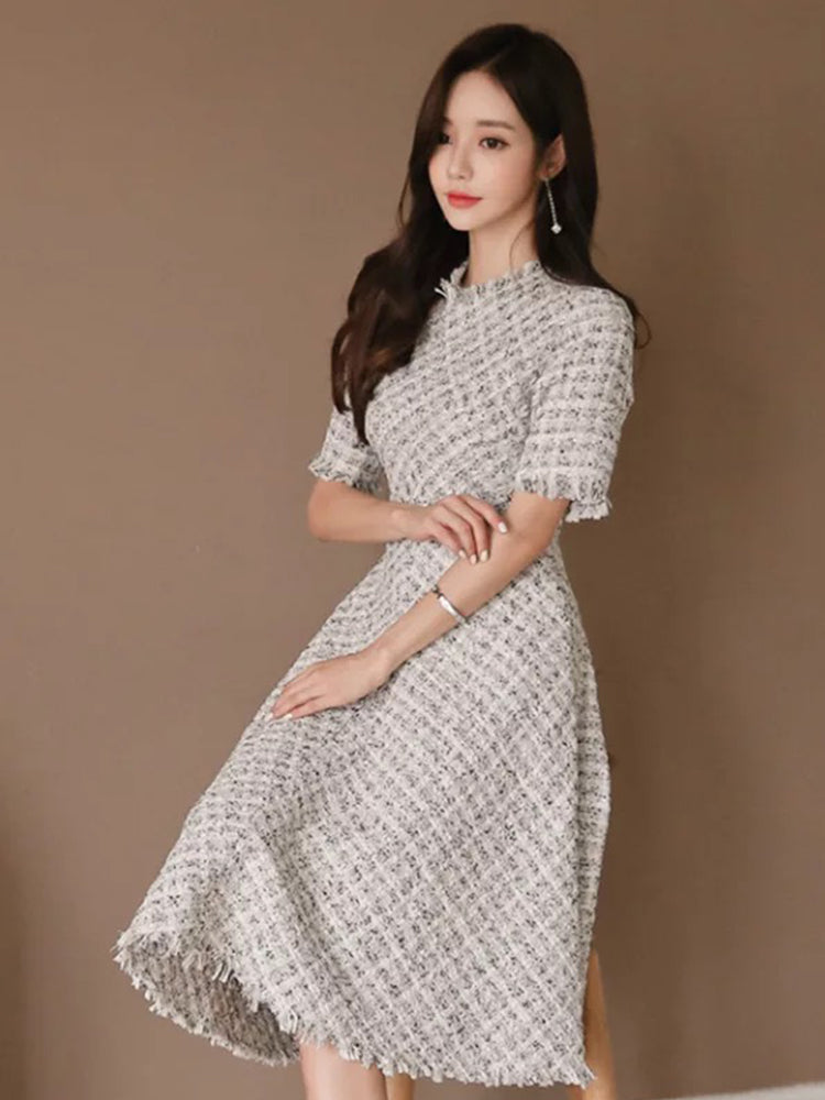 Fashion Korean Elegant Midi Tweed Dress Women Luxury Chic Casual Plaid Slim Gown Robe Femme Ladies Female Mujer Party Vestidos
