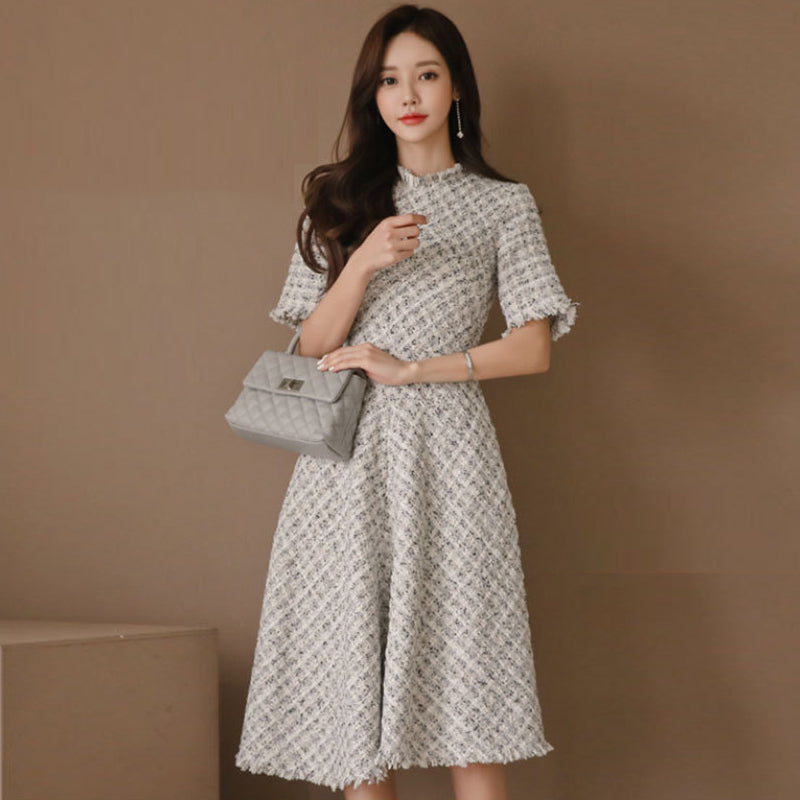 Fashion Korean Elegant Midi Tweed Dress Women Luxury Chic Casual Plaid Slim Gown Robe Femme Ladies Female Mujer Party Vestidos