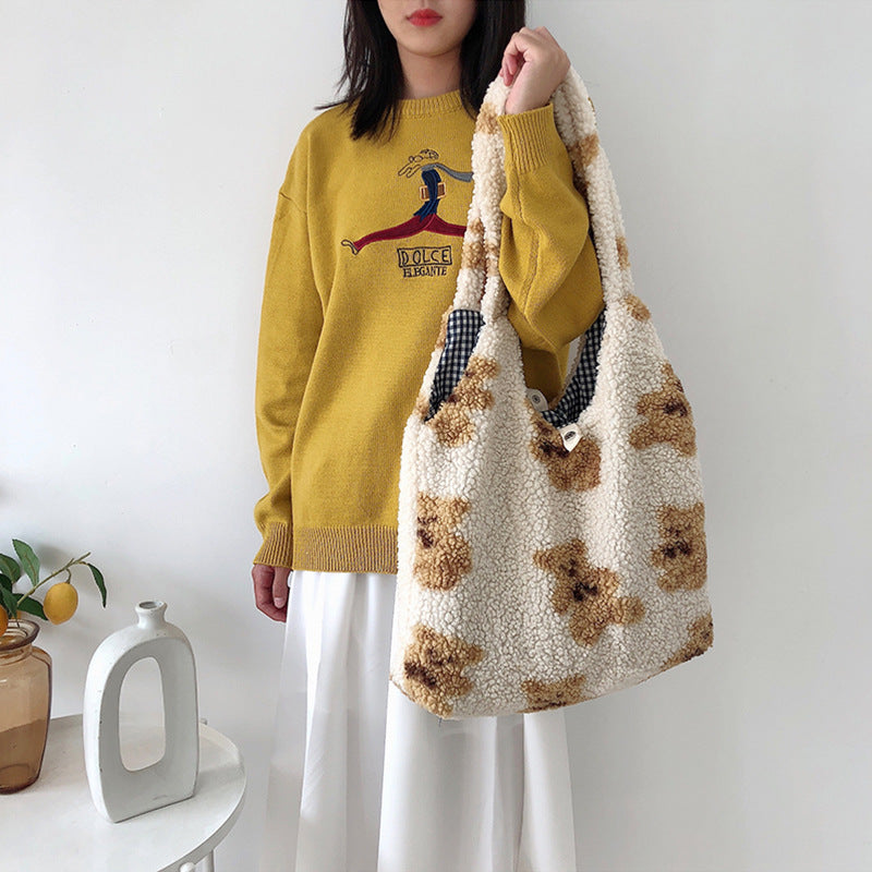 Fashion Winter Imitation Lamb Hair Shoulder Bag Women Cartoon Bear Plush Handbags Casual Shopper Bag Women Totes Bolso De Hombro