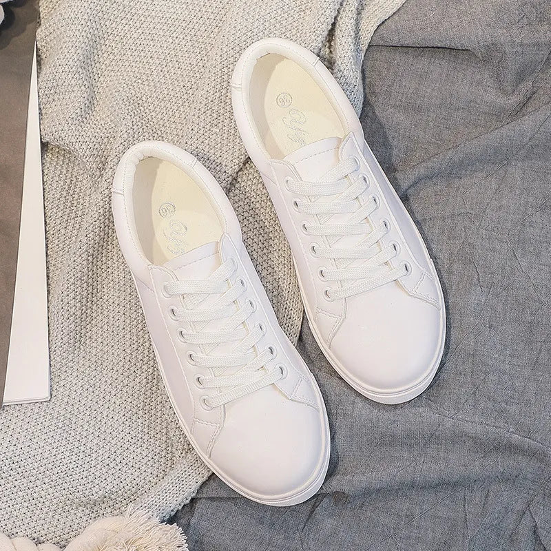 Fashion Women Shoes Platform Sneakers Ladies Lace-Up Casual Shoes Breathable Walking Pu Leather Shoes White Flat Girl Size 35-43