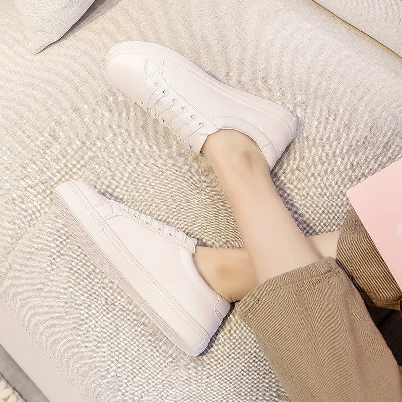 Fashion Women Shoes Platform Sneakers Ladies Lace-Up Casual Shoes Breathable Walking Pu Leather Shoes White Flat Girl Size 35-43