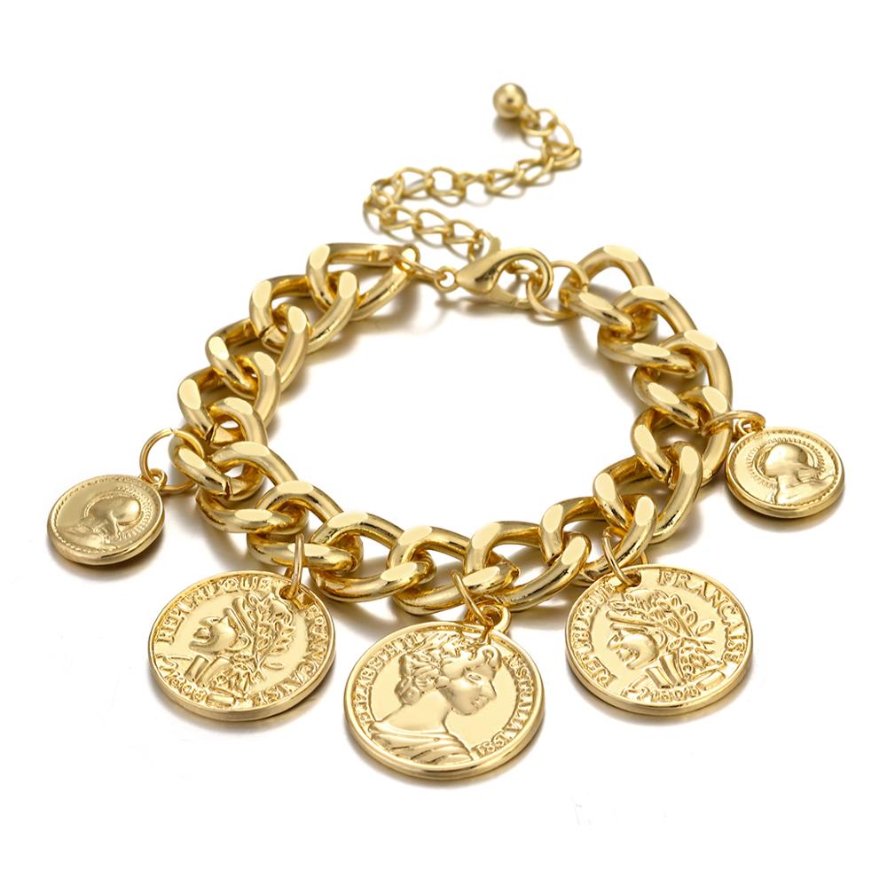 Flashbuy Big Gold Punk Chain Coins Bracelet Personality Vintage Portrait Charms Bracelets For Women Fashion Jewelry Accessories