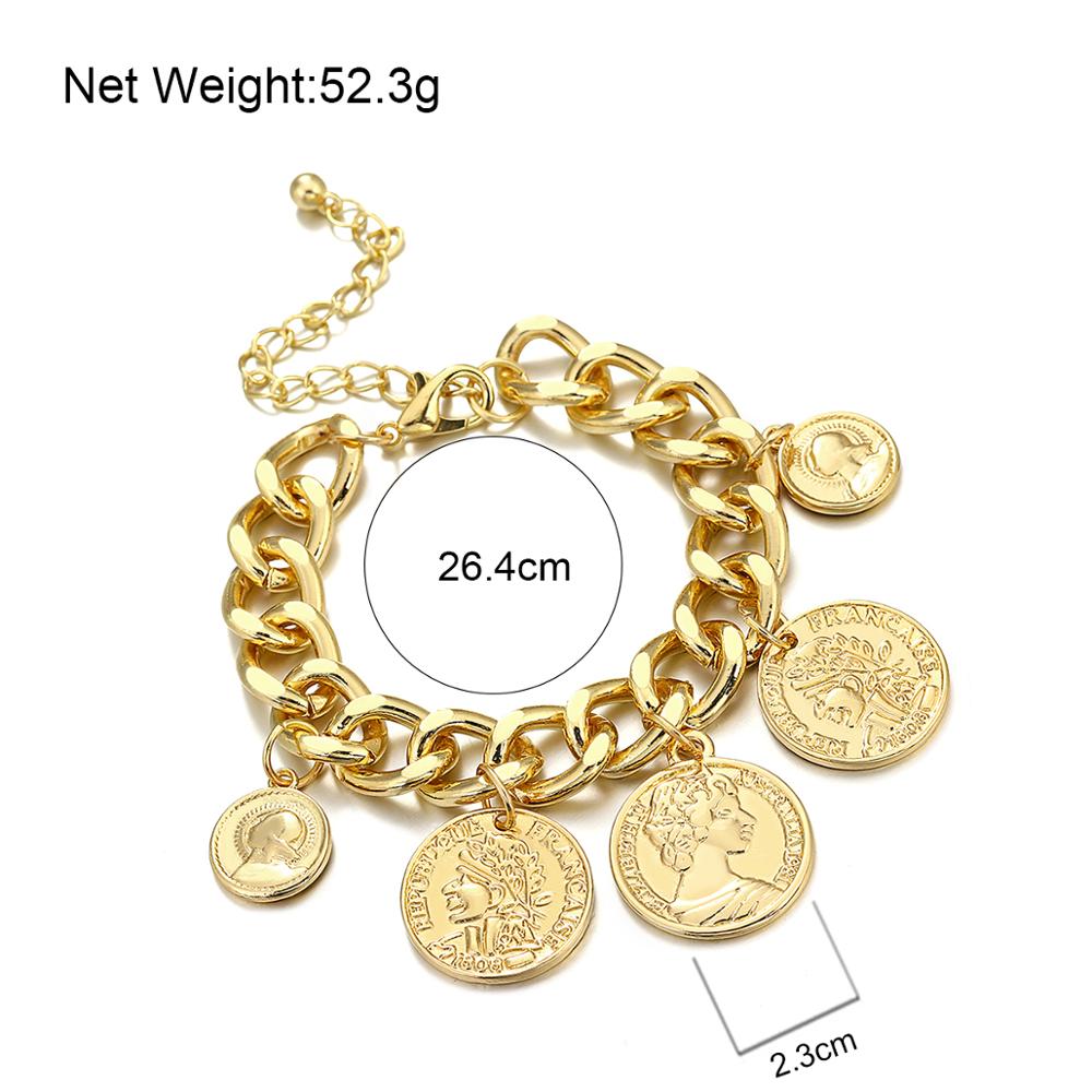 Flashbuy Big Gold Punk Chain Coins Bracelet Personality Vintage Portrait Charms Bracelets For Women Fashion Jewelry Accessories