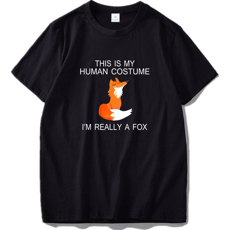 Fox T Shirt Eu Size This Is My Human I'M Really A Fox Funny Cute Animal Black 100% Cotton Tshirt