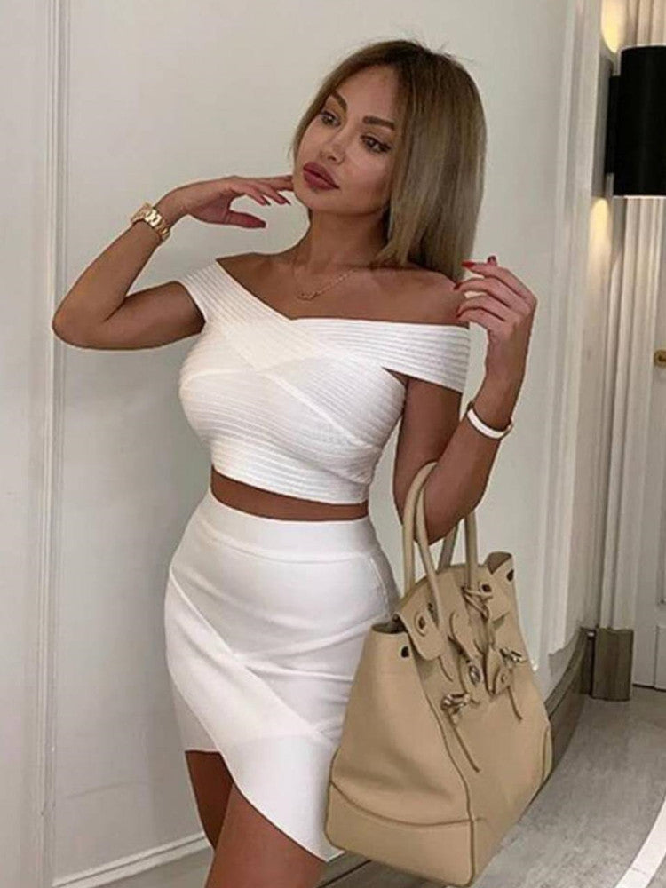 Free Shipping New Summer Dress Women 2022 Sexy Off The Shoulder 2 Pieces White Bandage Dress Elegant Party Dress Vestido
