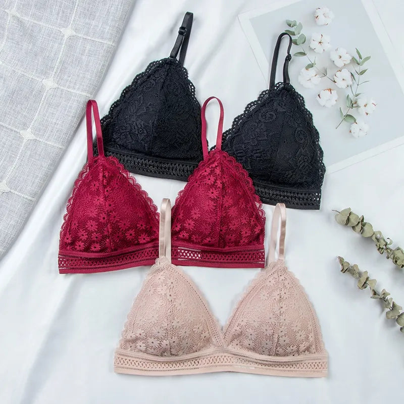 French Style Bralette Seamless Deep V Lace Bra Wireless Thin Underwear Sexy Lingerie Soft Push Up Bras For Women Hot