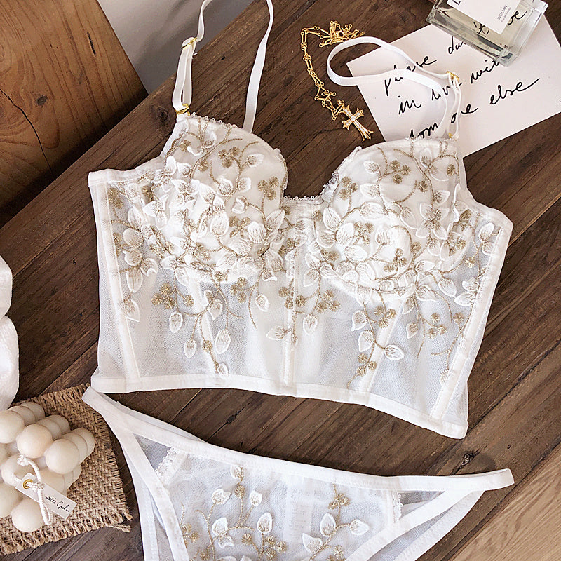 French White Floral Embroidery Romantic Thin Cup With Pad Women Sexy Push Up Underwear Bra Sets Adjustable Lengthen Lingerie
