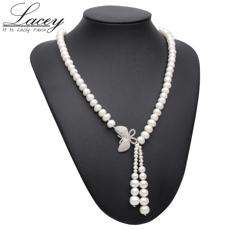 Freshwater Pearl Beads Necklace 925 Silver Jewelry,Real Pearl Festival Necklace Women Tassel Jewelry Butterfly