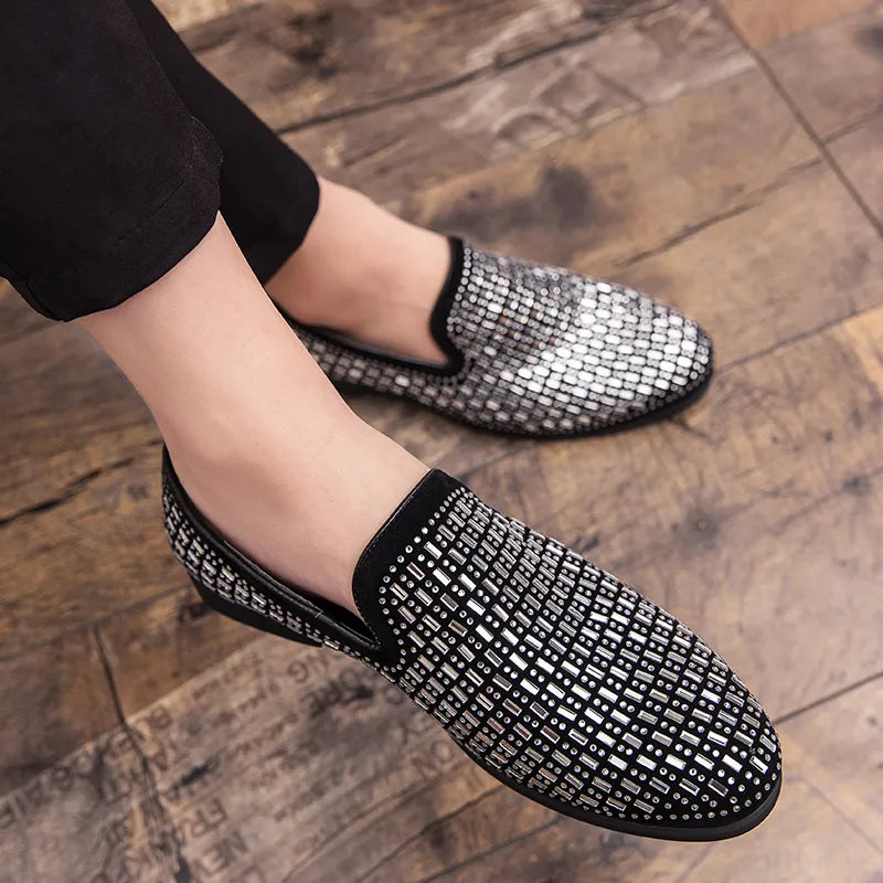 Full Shining Pvc Bricks Decoration Formal Men Rhinestones Dress Shoes Soft Sole Slip-On Loafers Luxury Party Flats Casual Shoes