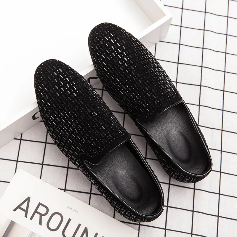 Full Shining Pvc Bricks Decoration Formal Men Rhinestones Dress Shoes Soft Sole Slip-On Loafers Luxury Party Flats Casual Shoes