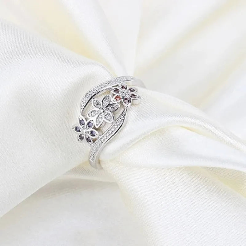 Funny Design Three Color Cz Flower Ring For Women Girls Fashion 925 Sterling Silver Rings Wedding Jewelry Size 7 8 9