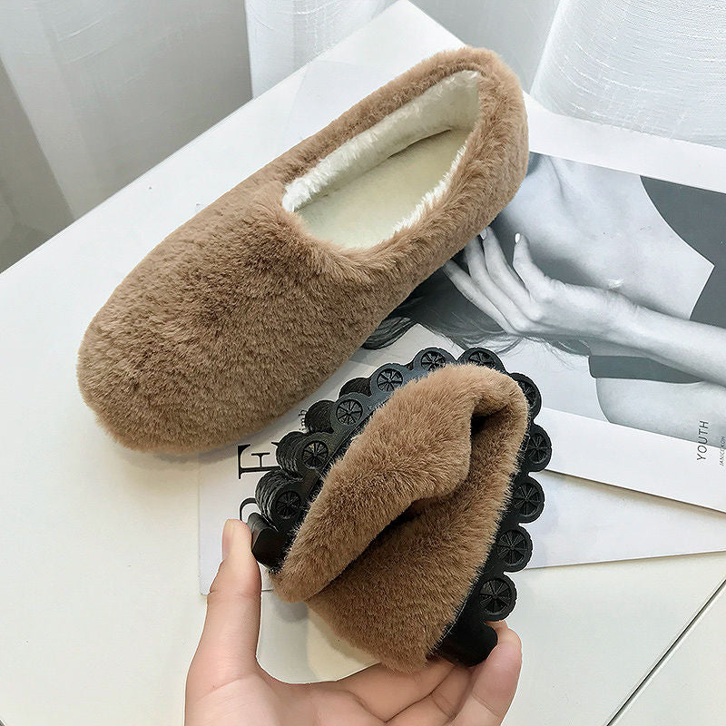 Fur Flat Peas Shoes New Rabbit Fur Retro Flat Lazy Shoes