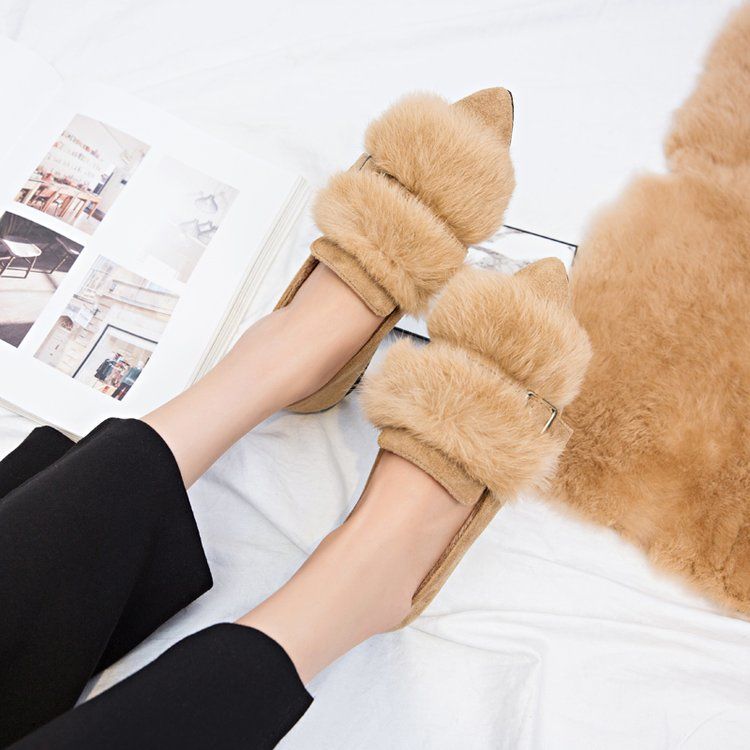 Fur Flat Peas Shoes New Rabbit Fur Retro Flat Lazy Shoes