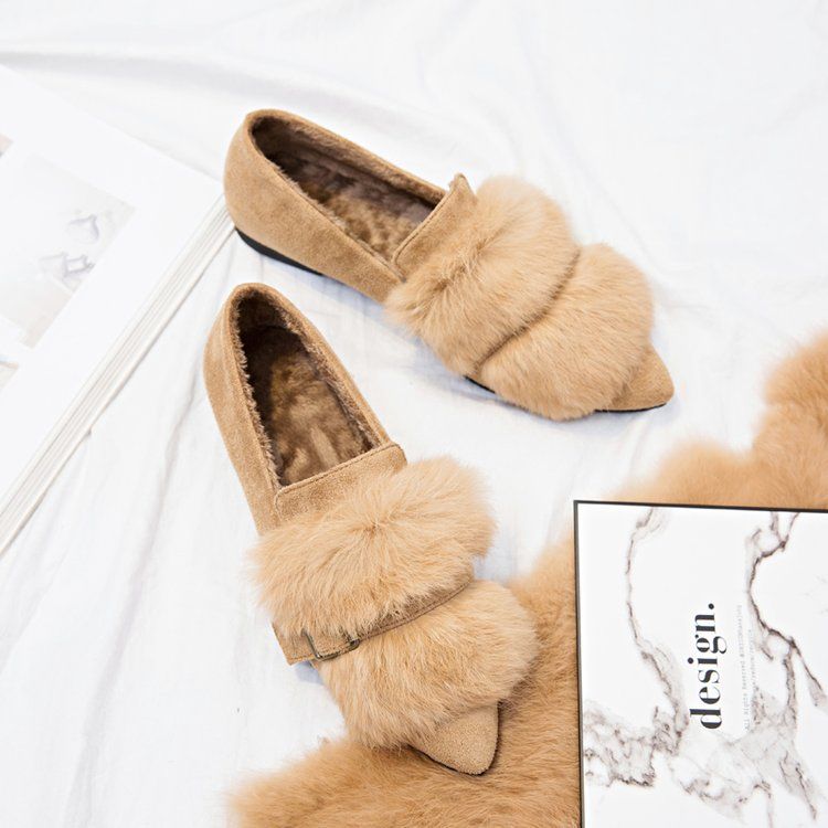 Fur Flat Peas Shoes New Rabbit Fur Retro Flat Lazy Shoes