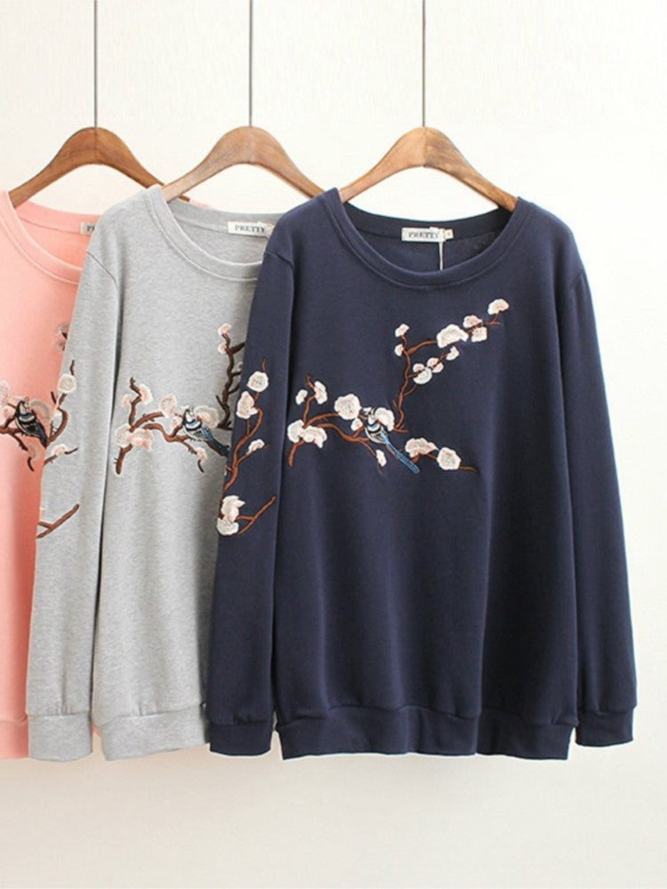 G5 Autumn Women Sweatshirts Ladies Cotton Tops Female Long Sleeve Hoody Embroidery Floral Loose Casual Plus Size Clothing 8801