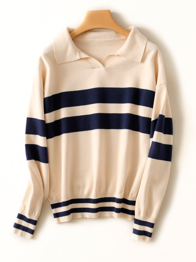 Gcarol Autumn Winter Turn-Down Collar Stripes Jumper 30% Wool Handsome Warm Short Knitted Jersey Skin-Friendly Soft Polo Sweater