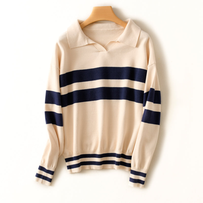 Gcarol Autumn Winter Turn-Down Collar Stripes Jumper 30% Wool Handsome Warm Short Knitted Jersey Skin-Friendly Soft Polo Sweater