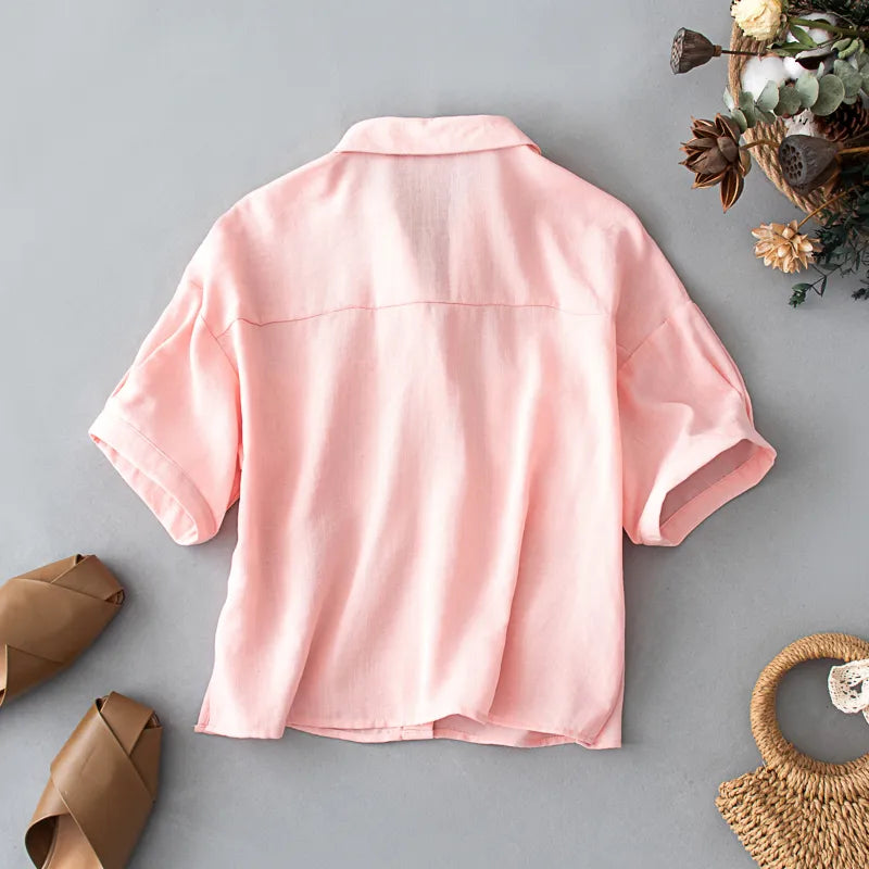 Gcarol Women 30% Cotton  White And Pink Shirt V Neck Short Sleeve Oversized Cropped Tops Boyfriend Style Summer Spring Blouse