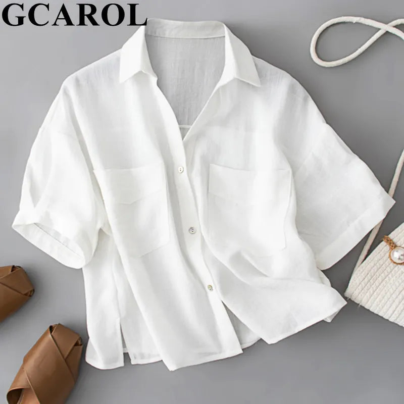 Gcarol Women 30% Cotton  White And Pink Shirt V Neck Short Sleeve Oversized Cropped Tops Boyfriend Style Summer Spring Blouse