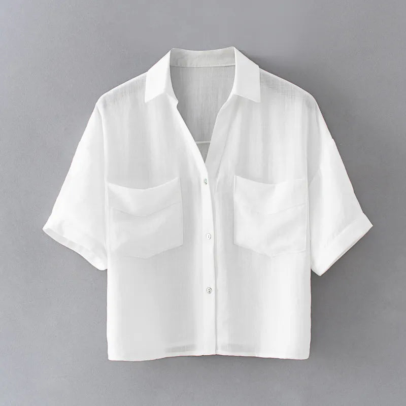 Gcarol Women 30% Cotton  White And Pink Shirt V Neck Short Sleeve Oversized Cropped Tops Boyfriend Style Summer Spring Blouse