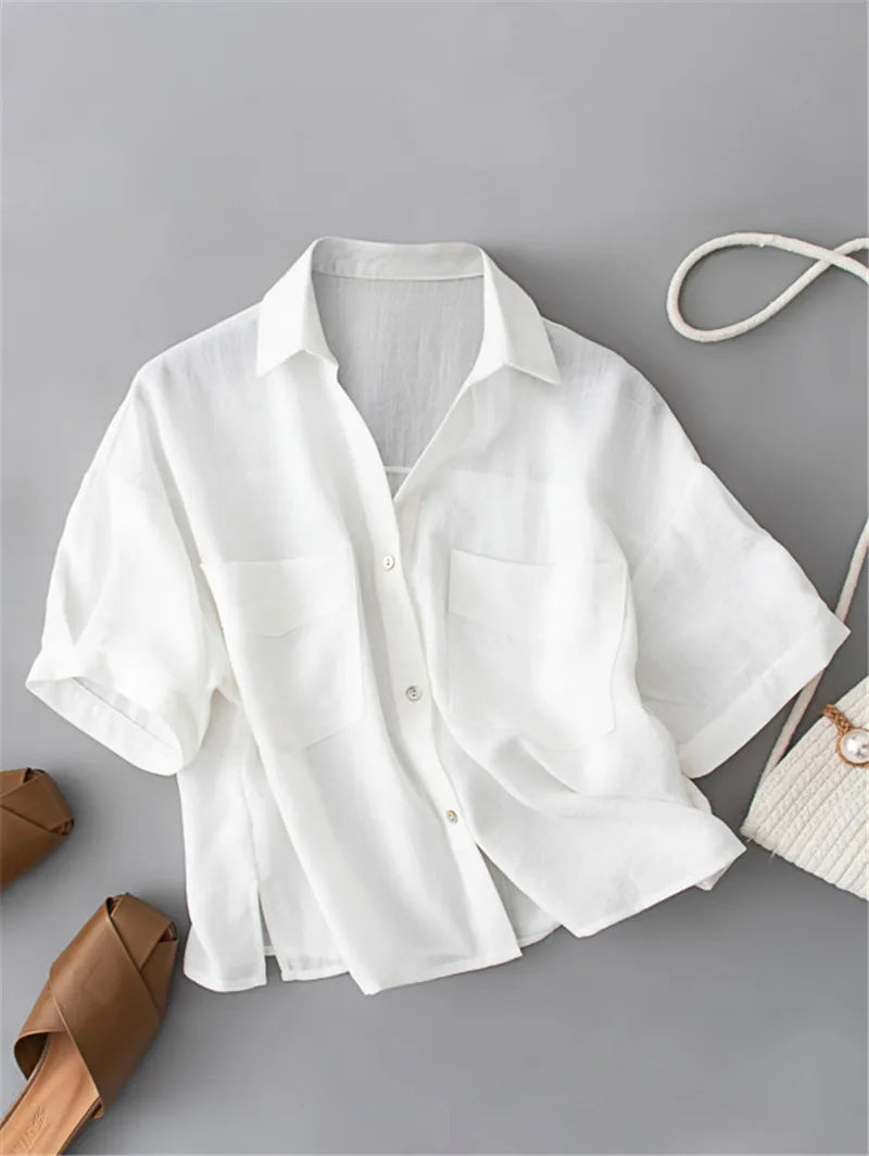 Gcarol Women 30% Cotton  White And Pink Shirt V Neck Short Sleeve Oversized Cropped Tops Boyfriend Style Summer Spring Blouse