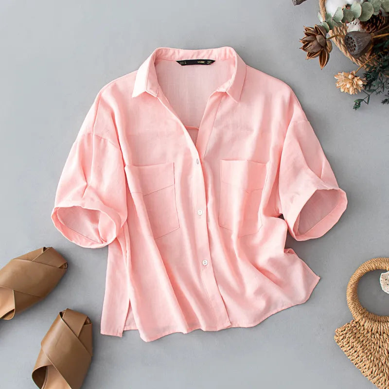 Gcarol Women 30% Cotton  White And Pink Shirt V Neck Short Sleeve Oversized Cropped Tops Boyfriend Style Summer Spring Blouse