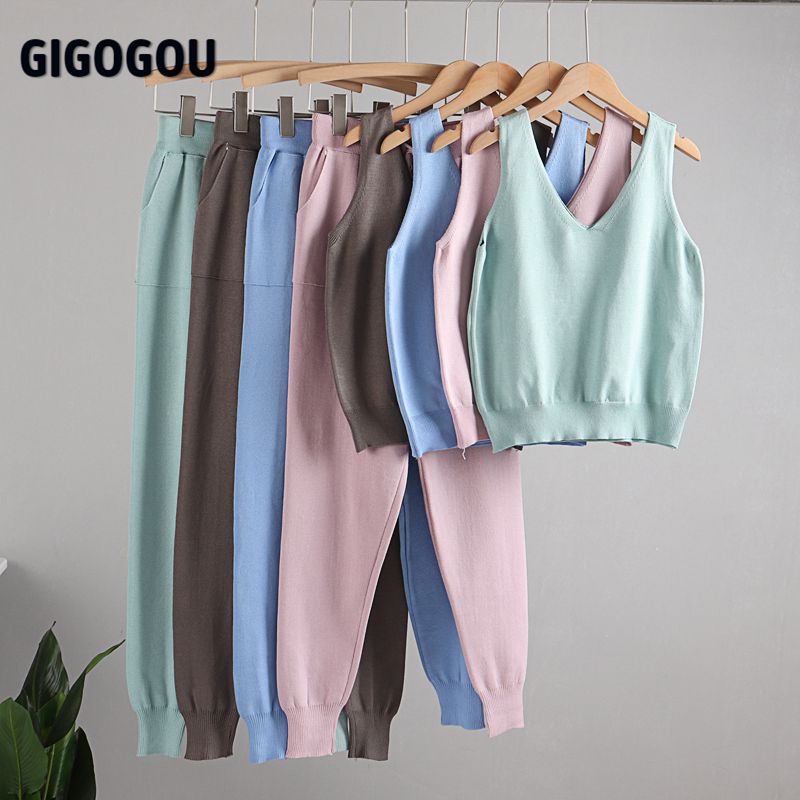 Gigogou 3 Pcs Knitted Suits Long Sleeve Jacket Cardigan Sweater Tank Top Pants Women Fashion Solid Costume Set Casual Tracksuits
