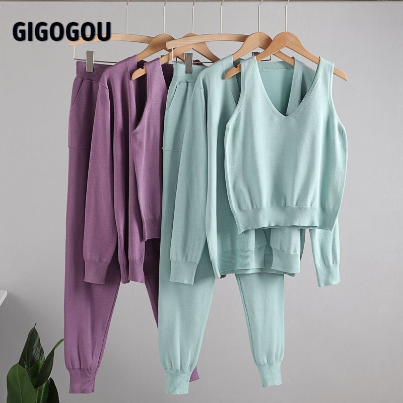 Gigogou 3 Pcs Knitted Suits Long Sleeve Jacket Cardigan Sweater Tank Top Pants Women Fashion Solid Costume Set Casual Tracksuits