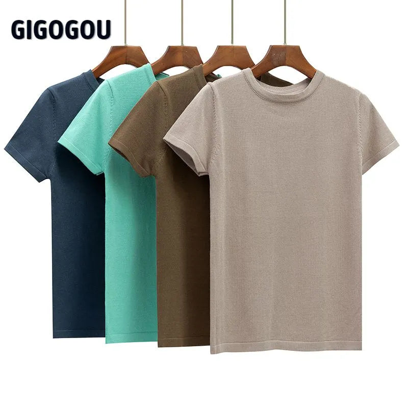 Gigogou Basic Cotton Summer T Shirt Women Knitted Short Sleeves Tee Shirt High Elasticity Breathable O Neck Female Top Tshirt
