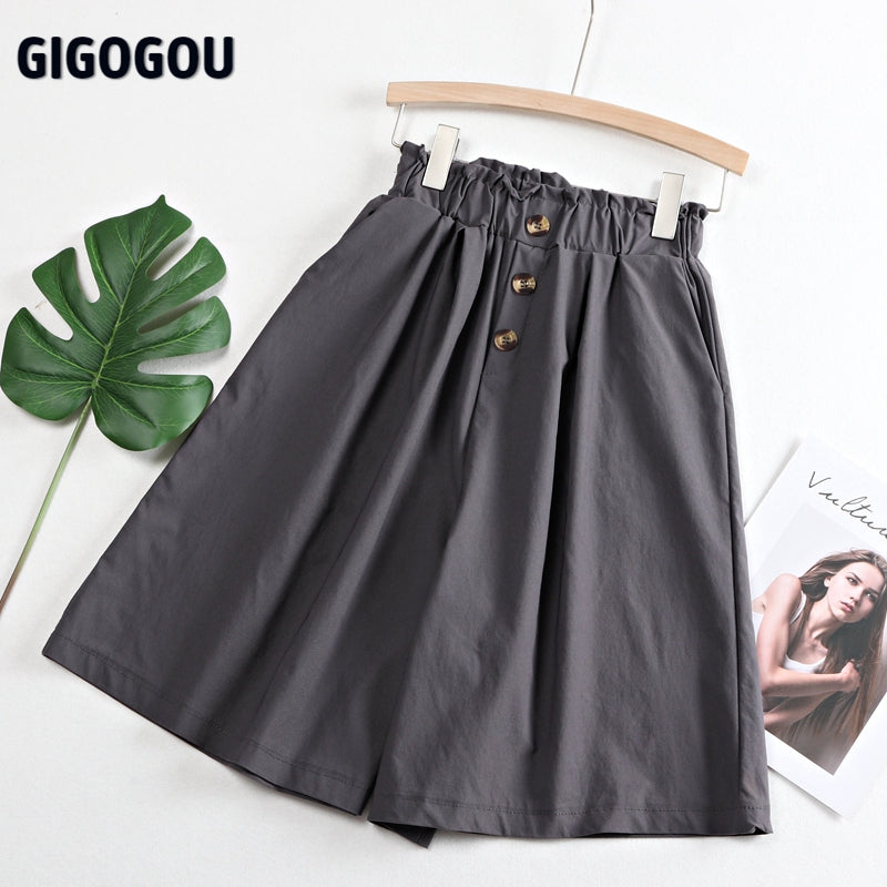 Gigogou Big Pocket Women Wide Leg Pant Button Elastic High Waist Loose Pants Skirts Knee Length Fashion Casual Female Capri Pant
