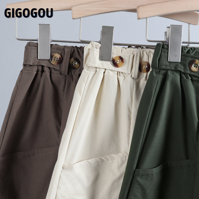 Gigogou Big Pocket Women Wide Leg Pant Button Elastic High Waist Loose Pants Skirts Knee Length Fashion Casual Female Capri Pant