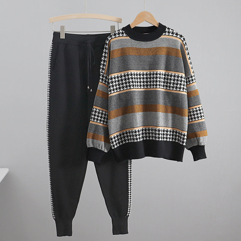 Gigogou Houndstooth Knit 2 Piece Set Tracksuits Fall Winter Women Sweater + Carrot Harem Pants Color Block Sportsuit