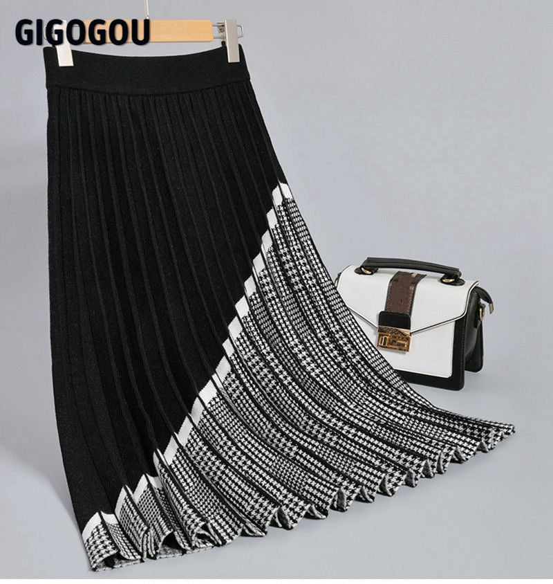 Gigogou Luxury Houndstooth Long Knit Women Pleated Skirt Autumn Winter Thick Warm A Line Skirt Chic Knitted Sweater Skirt Femme
