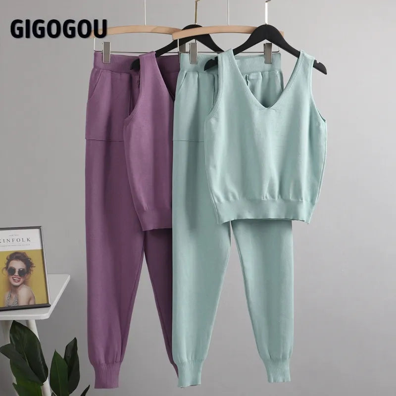 Gigogou Women Tracksuits Chic 3 Piece Set Costume Knitted Solid Lounge Suit Cardigan Sweater + Jogger Pants+ Sleeveless Tank Top