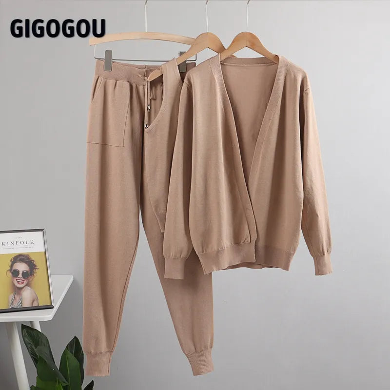 Gigogou Women Tracksuits Chic 3 Piece Set Costume Knitted Solid Lounge Suit Cardigan Sweater + Jogger Pants+ Sleeveless Tank Top