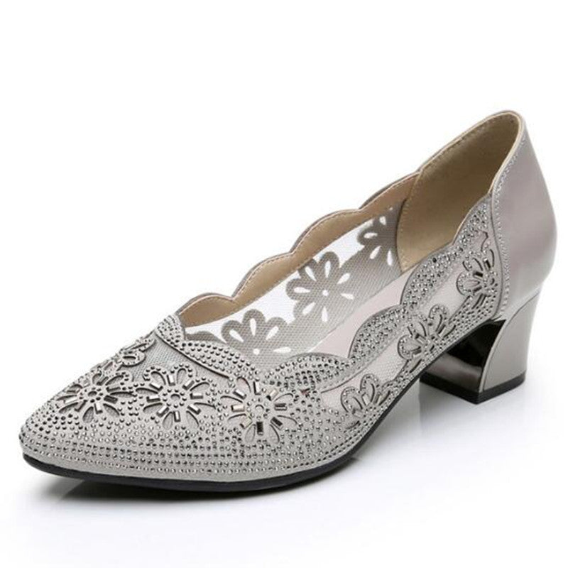 Gktinoo 2023 Summer Fashion Hollow Out Genuine Leather Pumps Women Shoes Med Heels Square Heel Mesh Ladies Office Shoes Crystal