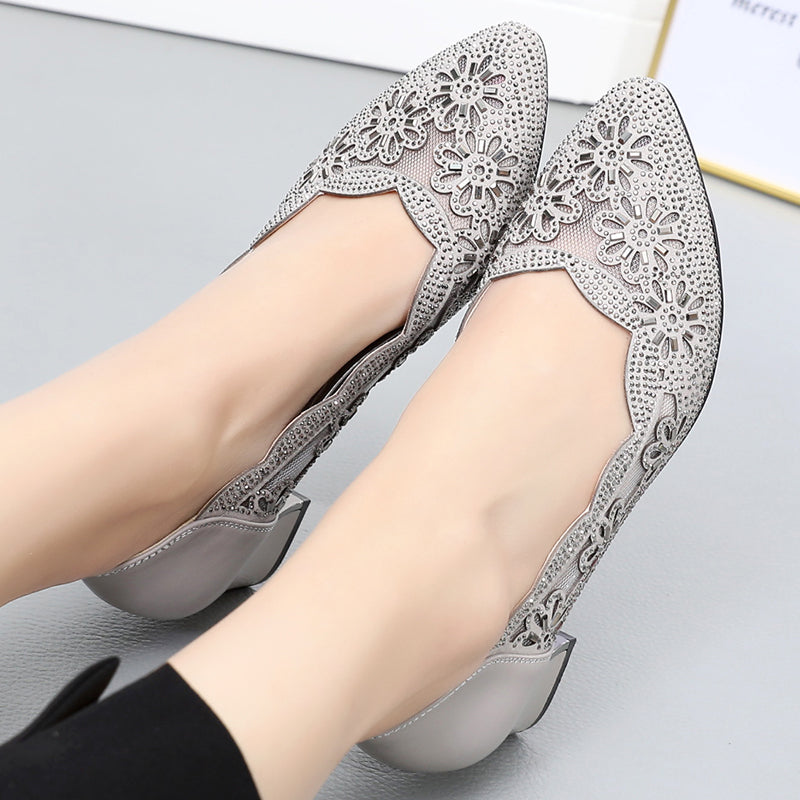 Gktinoo 2023 Summer Fashion Hollow Out Genuine Leather Pumps Women Shoes Med Heels Square Heel Mesh Ladies Office Shoes Crystal
