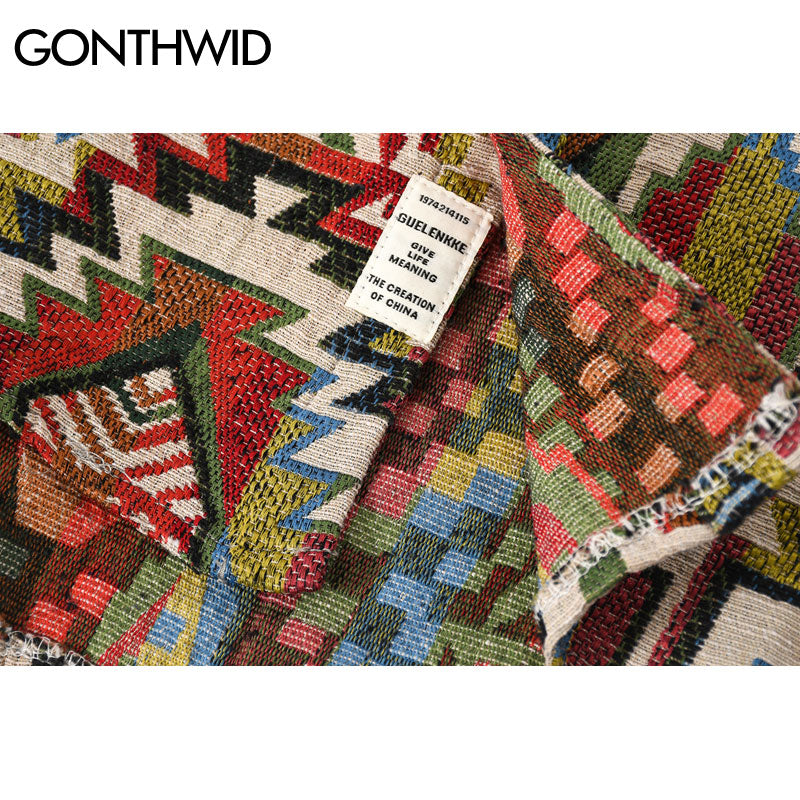 Gonthwid National Style Knitted Geometric Patterns Color Block Button Shirts Harajuku Casual Long Sleeve Tees Tops Streetwear