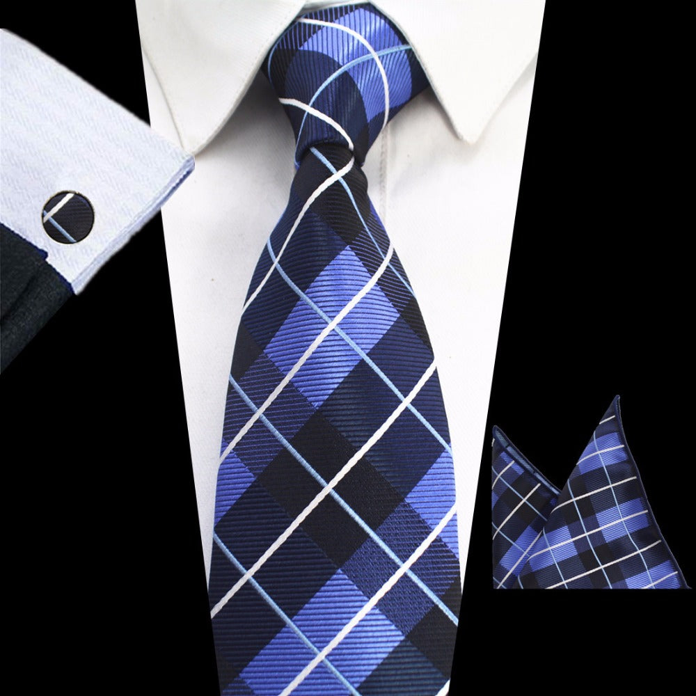 Gusleson New Design 8Cm Plaid Striped Tie Set Jacquard Woven Mens Necktie Gravata Hanky Cufflinks Set Mens Tie For Wedding Party