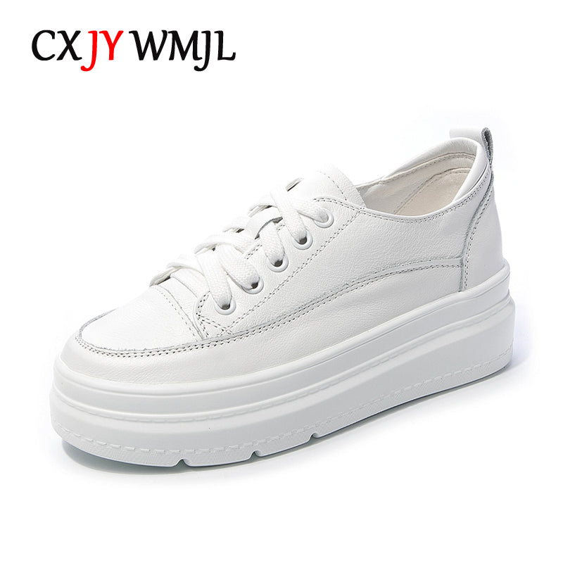 Genuine Leather White Casual Shoes Women Platform Sneaker Black Vulcanized Shoe Summer Comfortable Flats Woman Internal Increase