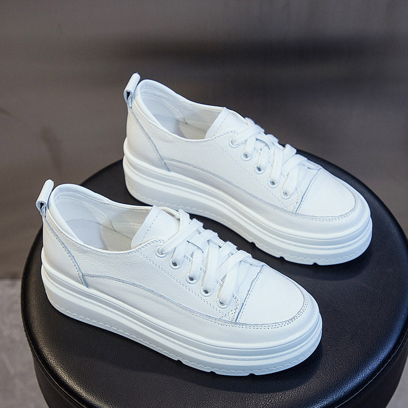 Genuine Leather White Casual Shoes Women Platform Sneaker Black Vulcanized Shoe Summer Comfortable Flats Woman Internal Increase