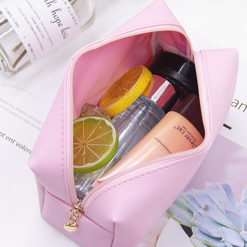 Girls Cute Pink Cosmetic Bag Pu Leather Makeup Handbag Women Travel Toiletry Storage Pouch Waterproof Organizer Make Up Case