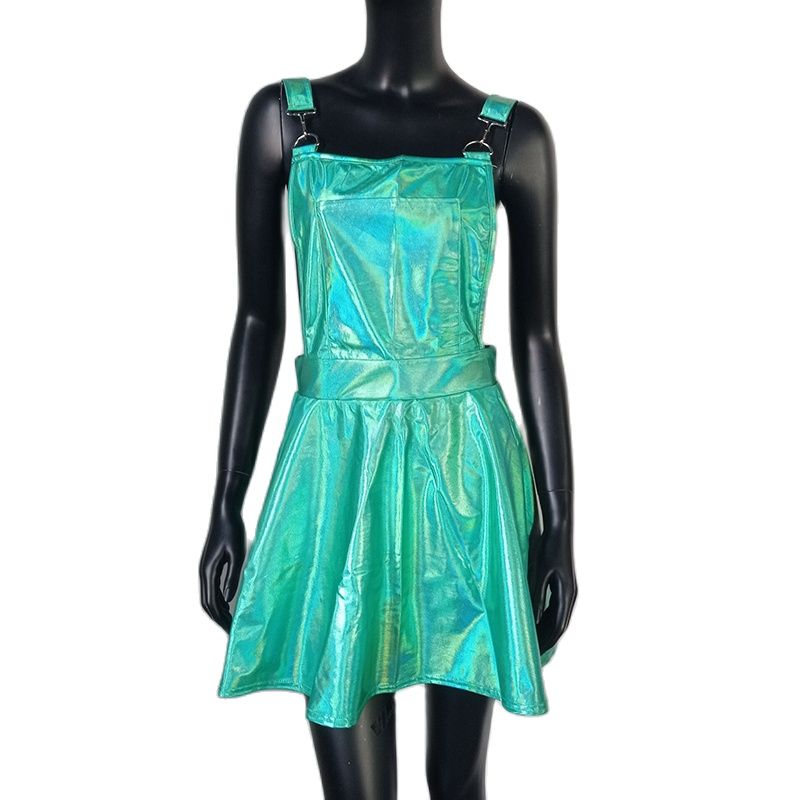 Glitter Laser Holographic A-Line Dress Women Backless Criss Cross Buckle Strap Wet Look 2023 Fall Fashion Sexy Mini Dresses