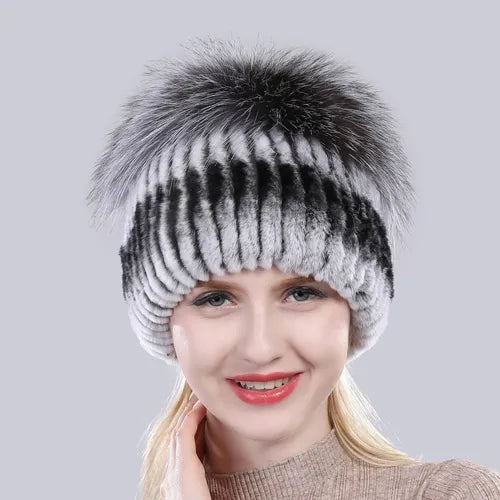 Good Elastic Natural Fluffy Silver Fox Fur Hat New Winter Women Knitted Real Rex Rabbit Fur Hats Lady Real Fur Cap Wholesale