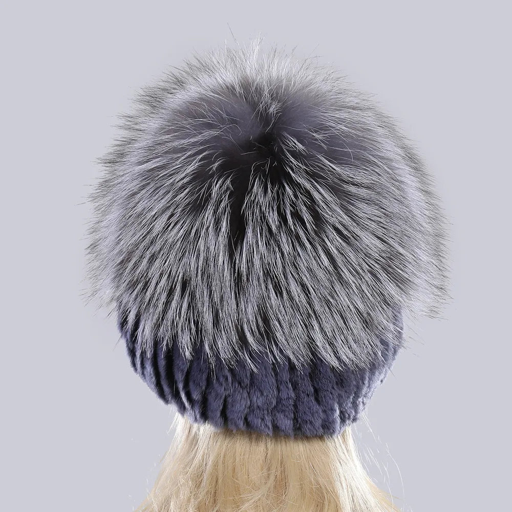 Good Elastic Natural Fluffy Silver Fox Fur Hat New Winter Women Knitted Real Rex Rabbit Fur Hats Lady Real Fur Cap Wholesale