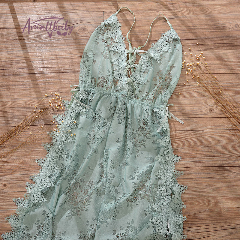 Green Floral Lace Pajamas For Women Transparent Low-Cut Deep V Backless Sleepwear Lingerie Spaghetti Strap With Thongs