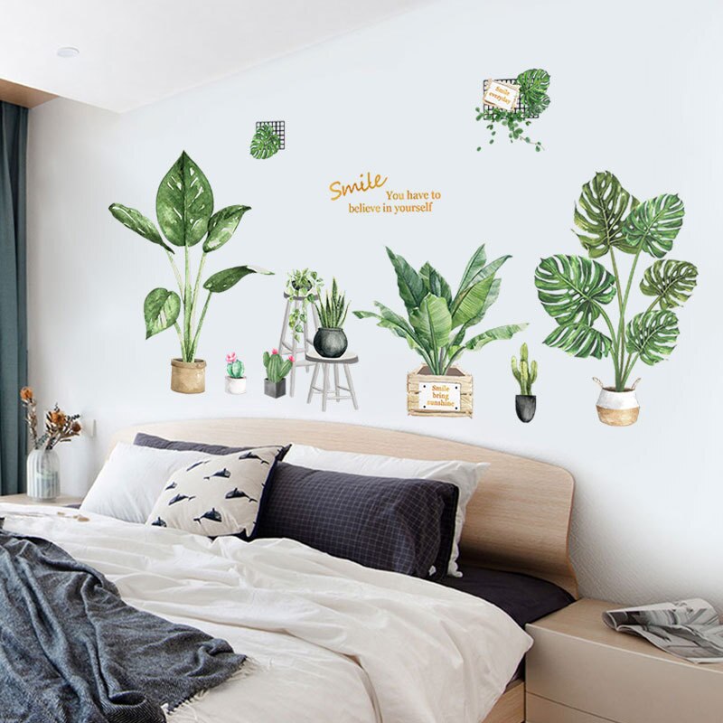 Green Potted Plant Wall Sticker Home Living Room Fresh And Cool Decoration Mural Art Decals Bedroom Background Stickers