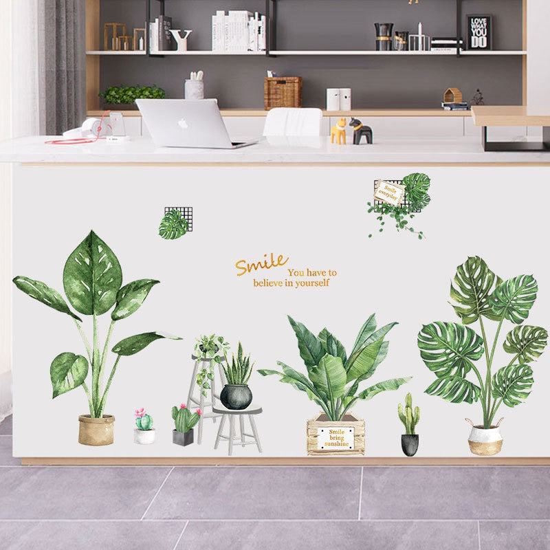 Green Potted Plant Wall Sticker Home Living Room Fresh And Cool Decoration Mural Art Decals Bedroom Background Stickers