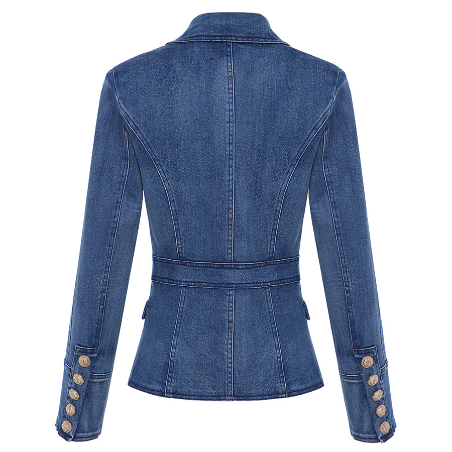 High Quality New Fashion 2023 Designer Blazer Women'S Metal Lion Buttons Double Breasted Denim Blazer Jacket Outer Coat